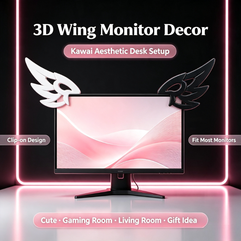 Kawaii Tech Accessories - かわいい3Dウィングデコレーション、コンピューターモニター用、美的eスポーツデスクセットアップオーナメント、キュートなデスクトップアクセサリー＆女の子へのギフト