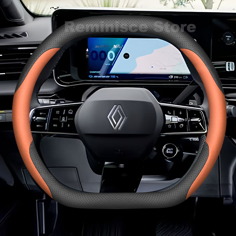 Tech Accessories Hub - レザー製カーステアリングホイールカバー ルノー5 E-TECH 2024-2026用 滑り止めオートステアリングホイールカバー ルノーエスパスアクセサリー