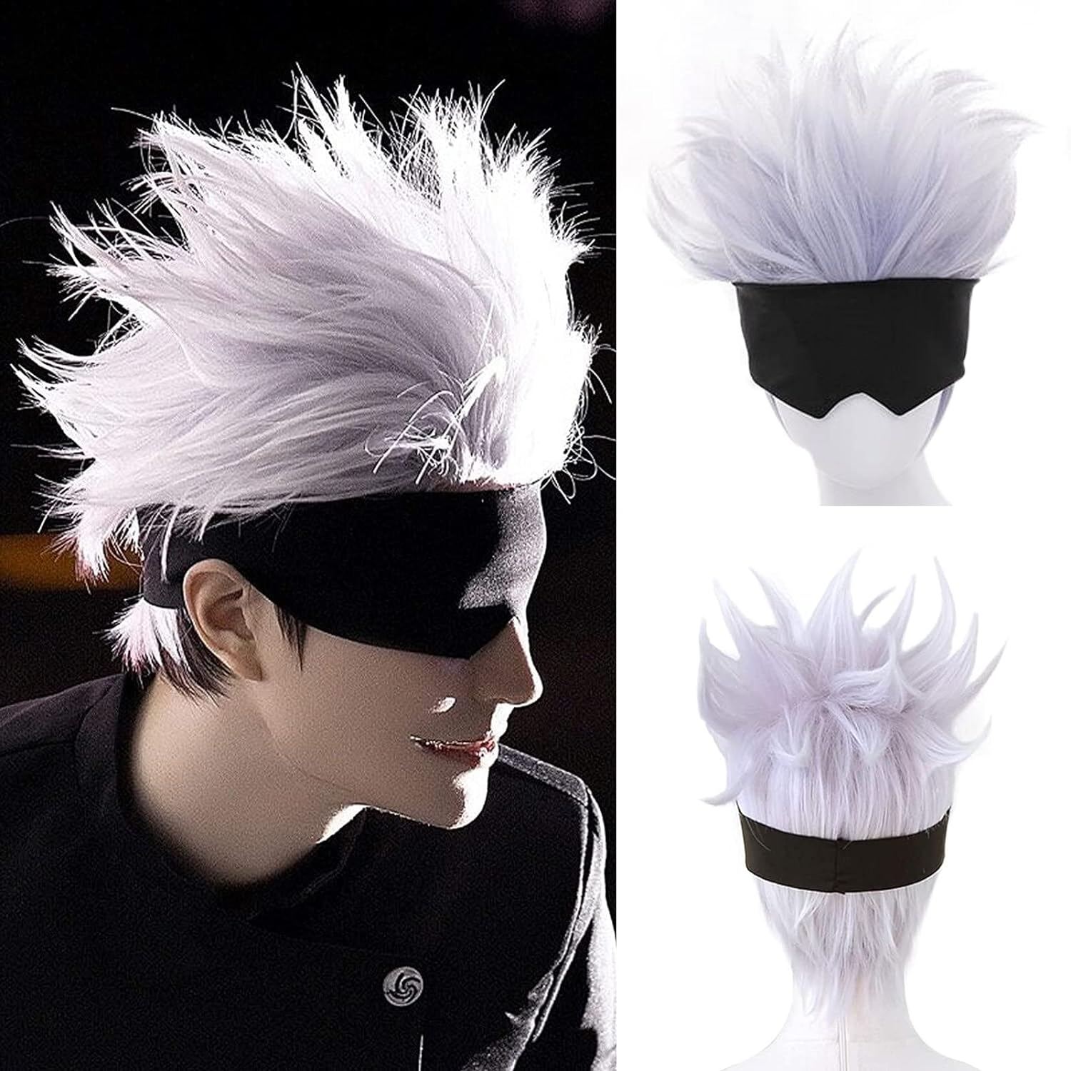 Tech Accessories For Men - コスプレウィッグ,短い波状の髪,黒,目隠し,ライトパープル,ミックスシルバー,男性用,男の子用,アニメ用