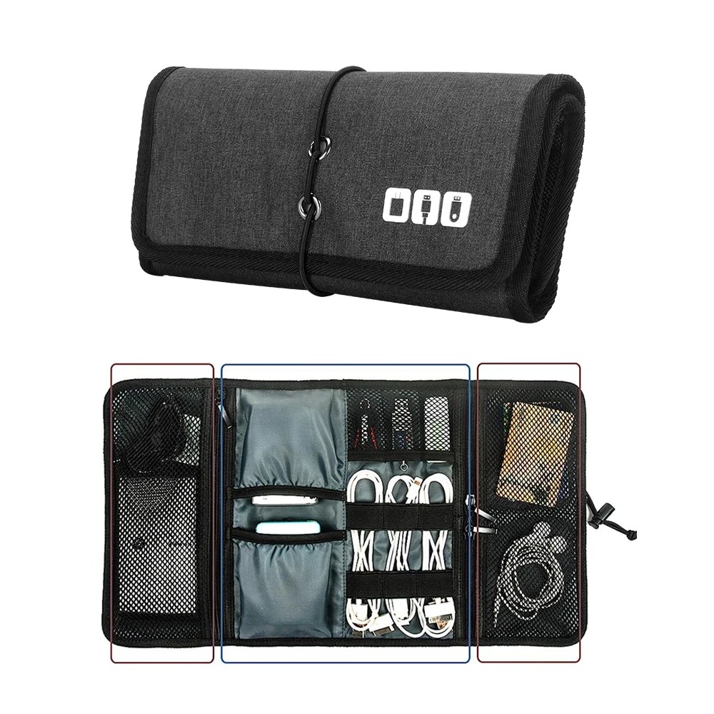 Tech Accessories Travel Case - 電子オーガナイザーコードポーチ、トラベルケーブル、充電器、電話アクセサリーバッグ、USBケーブル用ロールアップテクニカルキャリングケース