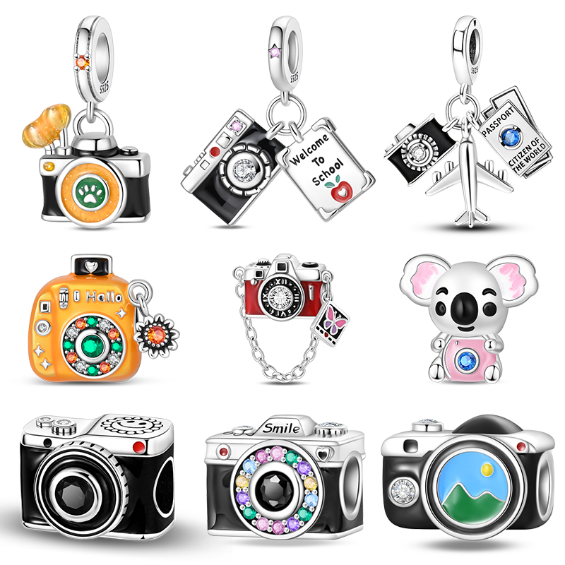 Tech Accessories For Travel - 925スターリングシルバー製ヴィンテージカメラチャーム、CZジルコンビーズ、旅行用飛行機パスポートペンダント、DIYチャームブレスレットアクセサリーギフト