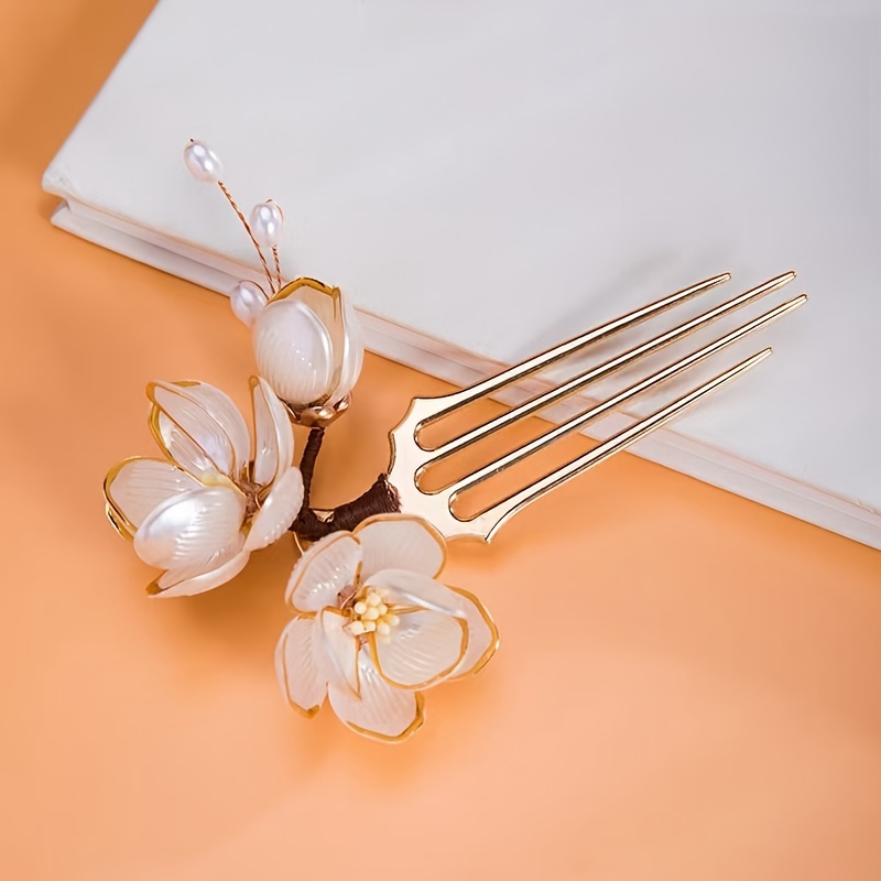 中国風シェルマグノリアフラワーヘアコーム、パールタッセル付き - Tech Accessories For Women のレビューと価格